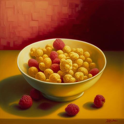 raspberries in a white bowl on a yellow tablecloth after dinner is finished in the style of rembrandt