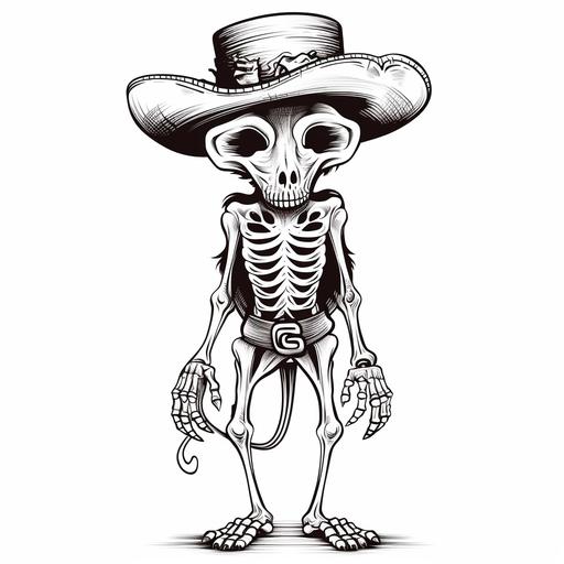 rat full body skeleton in a standing position and it’s ware a cowboy hat and cowboy boots line cartoon drawing black and white