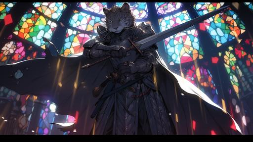 rat knight holding up a sword gallantly standing in front of a throne with stained glass in the background, fantasy vibe, 8k resolution, vibrant lighting --niji --ar 16:9
