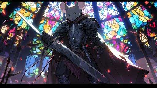 rat knight holding up a sword gallantly standing in front of a throne with stained glass in the background, fantasy vibe, 8k resolution, vibrant lighting --ar 16:9 --niji