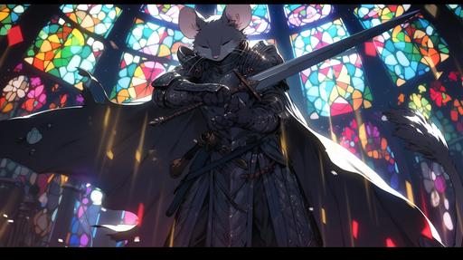 rat knight holding up a sword gallantly standing in front of a throne with stained glass in the background, fantasy vibe, 8k resolution, vibrant lighting --ar 16:9 --niji