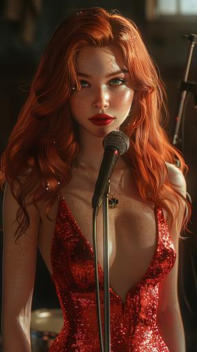 Full body, Masterpiece, Best Quality, Jessica Rabbit, in a red tight fitting sequin dress, Jessica Rabbit with long flowing red hair, red lips and emerald green eyes, she is dressed in red sequin lounge dress, she is standing with a microphone stand, very detailed, very realistic, rim lighting, staring straight at the camera, in the style of retrofuturistic film noir, --ar 9:16 --stylize 950 --v 6.0 --no rabbit ears