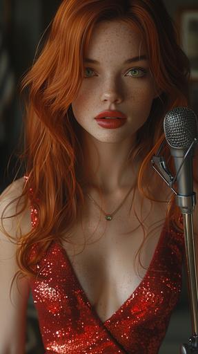 Full body, Masterpiece, Best Quality, Jessica Rabbit, in a red tight fitting sequin dress, Jessica Rabbit with long flowing red hair, red lips and emerald green eyes, she is dressed in red sequin lounge dress, she is standing with a microphone stand, very detailed, very realistic, rim lighting, staring straight at the camera, in the style of retrofuturistic film noir, --ar 9:16 --stylize 950 --v 6.0 --no rabbit ears