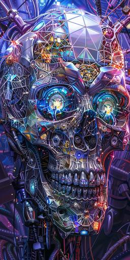 a geodesic drawing of a stainless steel skull with many dendrobium wires and wires, beautiful anime artwork, wlop, incandescent plasma : :, robotic head, otomo manga, mechanisms, computer art, skulls are lying underneath, detailed human face, japanese illustrator, iridescent cybernetic processor, hyper detailed faces, human : - 2 --v 6.0 --ar 1:2