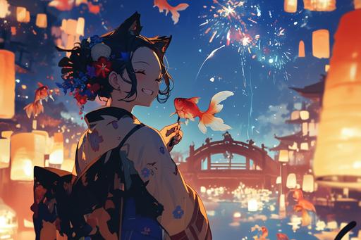 a girl in a kimono , the cat is smiling, fishing, fireworks, profile picture 1024px, telegram sticker, summer festival night, nightcore, summer night, artdevian, summer swimming party, vendors, lantern, goldfish, raku, impish smile, hyperpop --ar 3:2 --niji 6