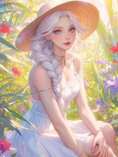 a girl with long hair and a hat, sitting next to a dendrobium, realistic anime style at pixiv, red rose in hair, long braided white hair, ssr card, avatar for website, linen, alpaca, long luxurious blond hair, beautiful elsa, wearing sundress, light-red lips, watery blue eyes, casual summer clothes --ar 3:4 --niji 6