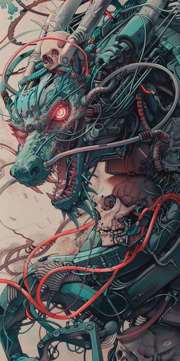 a halftone drawing of a stainless steel loong dragon with many multicolored wires and wires, beautiful anime artwork, wlop, incandescent plasma : :, robotic head, otomo manga, mechanisms, computer art, skulls are lying underneath, detailed human face, japanese illustrator, high contrast, iridescent cybernetic processor, hyper detailed faces, human : - 2 --v 6.0 --ar 1:2