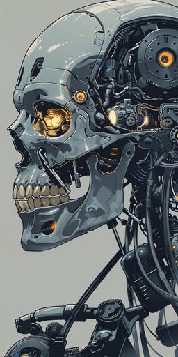 a halftone drawing of a stainless steel skull, one gold tooth, smiling, beautiful anime artwork, wlop, incandescent plasma : :, robotic head, otomo manga, mechanisms, computer art, skulls are lying underneath, detailed human face, crop circles, japanese illustrator, iridescent cybernetic processor, hyper detailed faces, human : - 2 --v 6.0 --ar 1:2