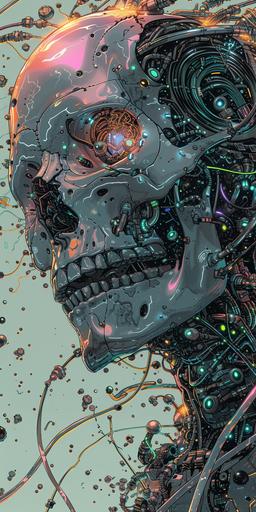 a halftone drawing of a stainless steel skull with many multicolored wires and wires, beautiful anime artwork, wlop, incandescent plasma : :, robotic head, otomo manga, mechanisms, computer art, skulls are lying underneath, detailed human face, japanese illustrator, iridescent cybernetic processor, hyper detailed faces, human : - 2 --v 6.0 --ar 1:2