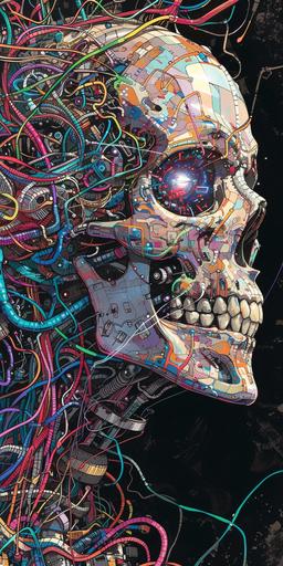 a halftone drawing of a stainless steel skull with many multicolored wires and wires, beautiful anime artwork, wlop, incandescent plasma : :, robotic head, otomo manga, mechanisms, computer art, skulls are lying underneath, detailed human face, japanese illustrator, iridescent cybernetic processor, hyper detailed faces, human : - 2 --v 6.0 --ar 1:2