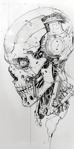 a minimalist single line sketch of a stainless steel skull, beautiful anime artwork, wlop, pen and alcohol marker : : robotic head, otomo manga, mechanisms, computer art, skulls are lying underneath, detailed human face, japanese illustrator, iridescent cybernetic processor, hyper detailed faces, human : - 2 --v 6.0 --ar 1:2