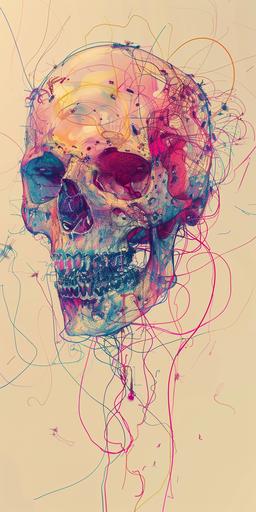 a minimalist single line sketch of a stainless steel skull with many multicolored wires and wires, beautiful anime artwork, wlop, incandescent plasma : :, robotic head, otomo manga, mechanisms, computer art, skulls are lying underneath, detailed human face, japanese illustrator, iridescent cybernetic processor, hyper detailed faces, human : - 2 --v 6.0 --ar 1:2