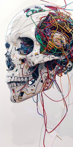 a minimalist single line sketch of a stainless steel skull with many multicolored wires and wires, beautiful anime artwork, wlop : : robotic head, otomo manga, mechanisms, computer art, skulls are lying underneath, detailed human face, japanese illustrator, iridescent cybernetic processor, hyper detailed faces, human : - 2 --v 6.0 --ar 1:2