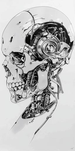 a minimalist single line sketch of a stainless steel skull, beautiful anime artwork, wlop : : robotic head, otomo manga, mechanisms, computer art, skulls are lying underneath, detailed human face, japanese illustrator, iridescent cybernetic processor, hyper detailed faces, human : - 2 --v 6.0 --ar 1:2
