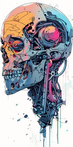 a minimalist single line sketch of a stainless steel skull, beautiful anime artwork, wlop, pen and alcohol marker, colors : : robotic head, otomo manga, mechanisms, computer art, skulls are lying underneath, detailed human face, japanese illustrator, iridescent cybernetic processor, hyper detailed faces, human : - 2 --v 6.0 --ar 1:2