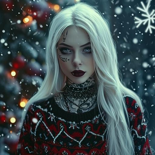 a strikingly beautiful gothic princess from another world with pale white skin, dark lipstick, wearing glowing jewelry, black tattoos all over body, straight long white hair, iridescent eyes, glowing eyes, wearing an ugly sweater for Christmas, looking at viewer, centered, --v 6.0