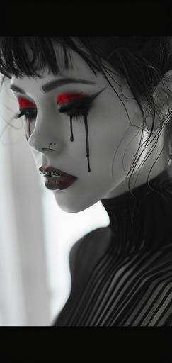 hard surface Sci Fi, female vampire wearing art deco clothing, facial piercings, black tears, goth makeup, white eyes --ar 9:19 --stylize 777 --v 6.0