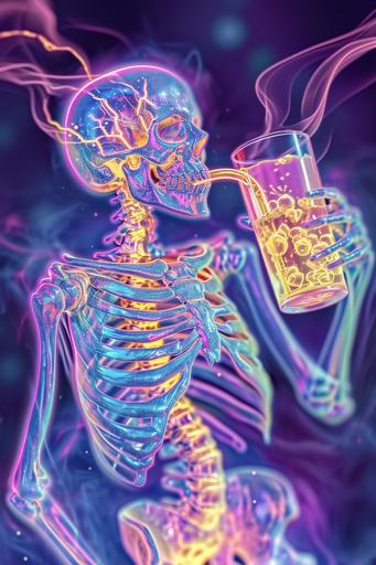 skeleton drinking boba tea, electric shock, x ray, photonegative refractograph, Alex Grey --ar 2:3 --v 6.0