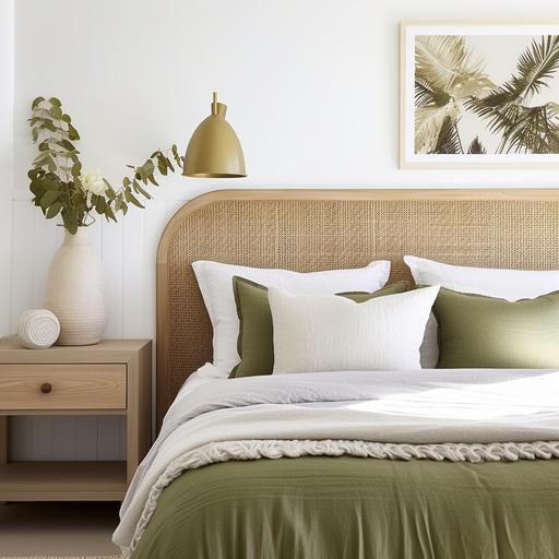 rattan headboard white vertical shiplap panelling olive green cushions and oak bedside tables with drawers. I need to see the whole bed