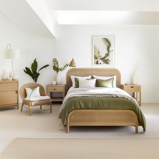 rattan headboard white vertical shiplap panelling olive green cushions and oak bedside tables with drawers. I need to see the whole bed --ar 1:1