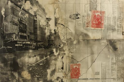 rausberg newsprint halftone collage, found objects, old stamps, multiple split screen broken glass cracks --ar 3:2 --v 6.0 --s 250