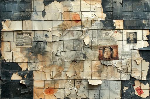 rausberg newsprint halftone collage, found objects, old stamps, multiple split screen broken glass cracks --ar 3:2 --v 6.0 --s 250