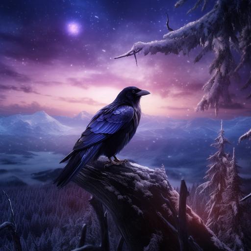 raven on snowy mountains lots of trees at night with aurora borealis in sky, realistic,cinematic, 8k