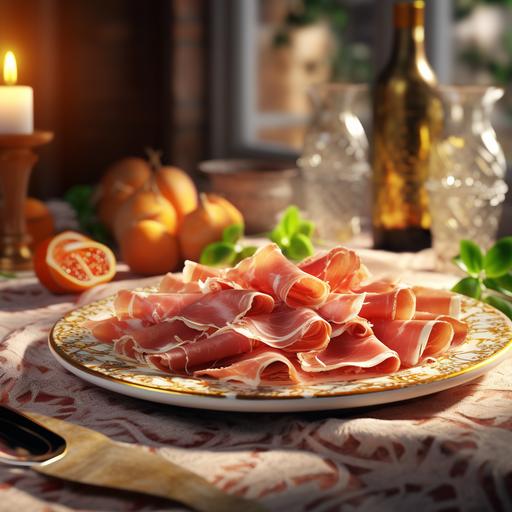 raw Parma ham, elegantly served on a plate, on a finely decorated table, clean and bright environment, ultra realistic, 8k