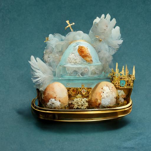 raw chicken in satin white casket in heavenly atmosphere and vatican ornate chapel crown jewels with little eggs and chicks in light blue sky background