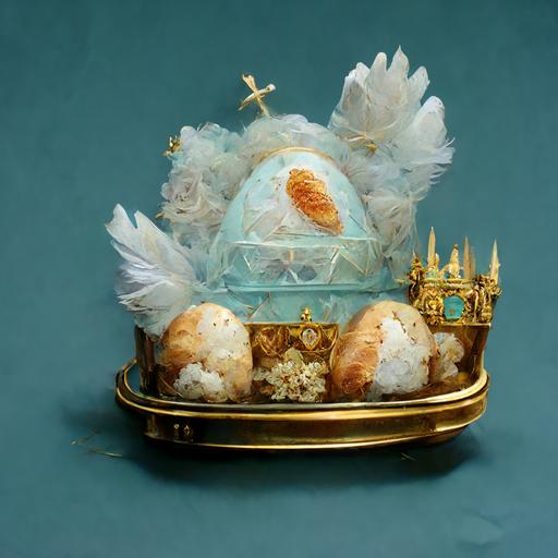 raw chicken in satin white casket in heavenly atmosphere and vatican ornate chapel crown jewels with little eggs and chicks in light blue sky background