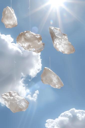 raw white quartz rock chunks suspended in a blue sky, sparkling in the sunlight, no strings, no sun --stylize 50 --v 6.0 --ar 2:3