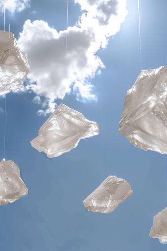 raw white quartz rock chunks suspended in a blue sky, sparkling in the sunlight, no strings, no sun --stylize 50 --v 6.0 --ar 2:3