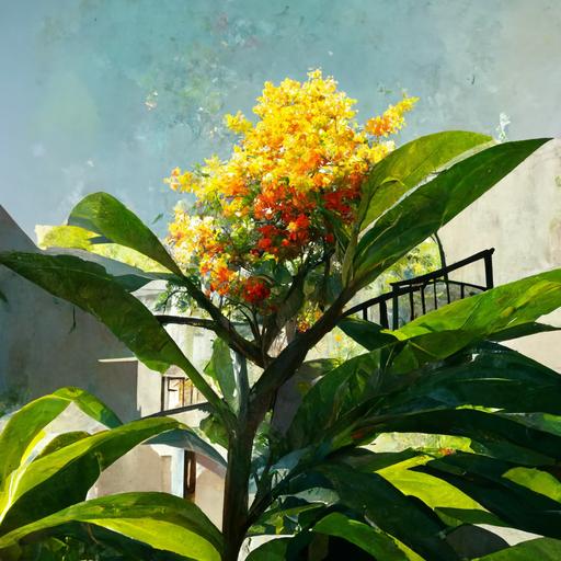 hyper realistic, garden, full of flowers, mango tree, balcony with stair, soft grass, descent wheather, morning sun