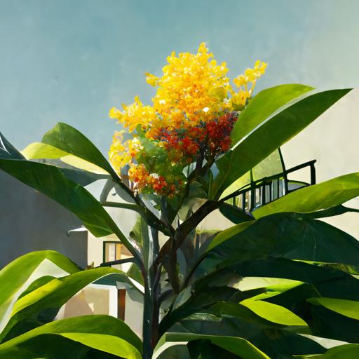 hyper realistic, garden, full of flowers, mango tree, balcony with stair, soft grass, descent wheather, morning sun --uplight