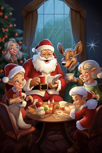 Create an image that features Santa Claus and his team of reindeer gathered around a festive coffee table. Santa should be enjoying a steaming cup of coffee, while the reindeer are sipping from smaller cups. The scene should be set in a cozy, warmly lit living room with a decorated Christmas tree in the background. The characters should exude a sense of camaraderie and holiday cheer, with smiles and twinkling eyes. The image should capture the joyous atmosphere of Santa's Coffee Crew, making it a heartwarming and whimsical holiday scene --ar 2:3 --v 5.2