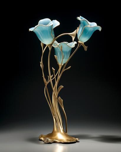 raymond eames three flower vase brass table lamp, table lamps, in the style of nature-inspired art nouveau, light aquamarine and azure, 1000–1400 ce, maquette, mythic-art nouveau, flowing draperies, soft, atmospheric lighting --ar 4:5 --s 50