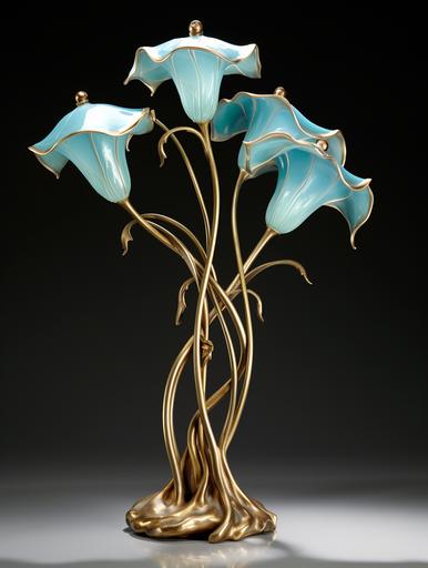raymond eames three flower vase brass table lamp, table lamps, in the style of nature-inspired art nouveau, light aquamarine and azure, 1000–1400 ce, maquette, mythic-art nouveau, flowing draperies, soft, atmospheric lighting white background --ar 3:4