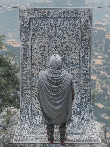 ready to leap in an assassins creed dive, rendered in 3d, gilgamesh perches on an OUSHAK rug, stretched between two trees on ropes, valley and mountains behind, midday --ar 3:4 --c 17 --s 750 --v 6.0 --style raw --sref
