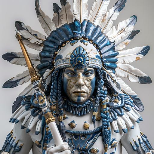 real american indian warrior wears a ceramic blue white porcelain armour, traditional wery detailed and ancient indian figures, indian is in a full shiny white room, african holds gold white blue ceramic spear in his hands, realistic --s 250