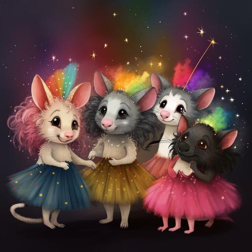 real cartoon rendering of possums amongst the stars in tutus and little possum sized rainbow wigs --v 5