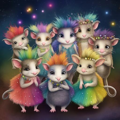 real cartoon rendering of possums amongst the stars in tutus and little possum sized rainbow wigs --v 5