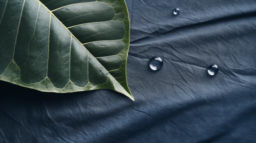 real denim texture leaf cutout and real leaves, have a water drop on it, photorealistic, cinematic lighting, hd quality, natural look --ar 16:9