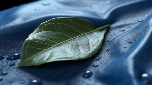 real denim textured leaf and real leaves, have a water drop on it, photorealistic, cinematic lighting, hd quality, natural look --ar 16:9