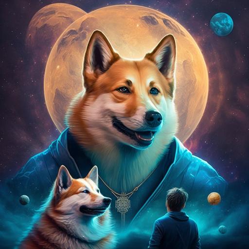 real illustrations of elon musk with shiba inu crown, cinematic art, realistic, backside nebula and planets shining with blue shadows, shiba inu smiling face