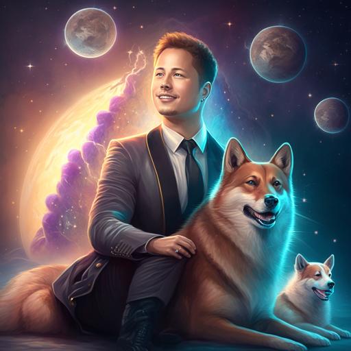 real illustrations of elon musk with shiba inu crown, cinematic art, realistic, backside nebula and planets shining with blue shadows, shiba inu smiling face