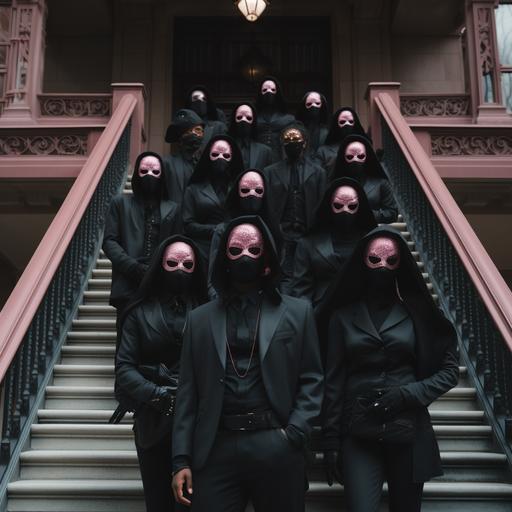 real image, 10 black men and women dressed upscale in all black standing staggered on stairs outside with pink robber masks on