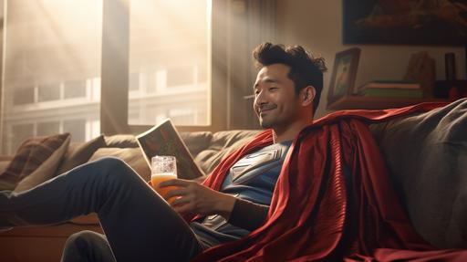 real image, simu liu the actor in super hero cape, chilling on couch drinking a soda in front of large window in apartment --ar 16:9