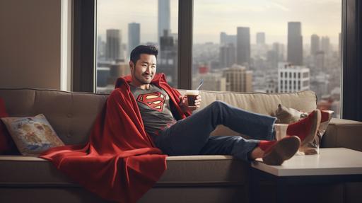 real image, simu liu the actor in super hero cape, chilling on couch drinking a soda in front of large window in apartment --ar 16:9