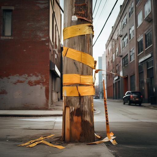 real image, split wooden telephone pole in city, held together by caution tape