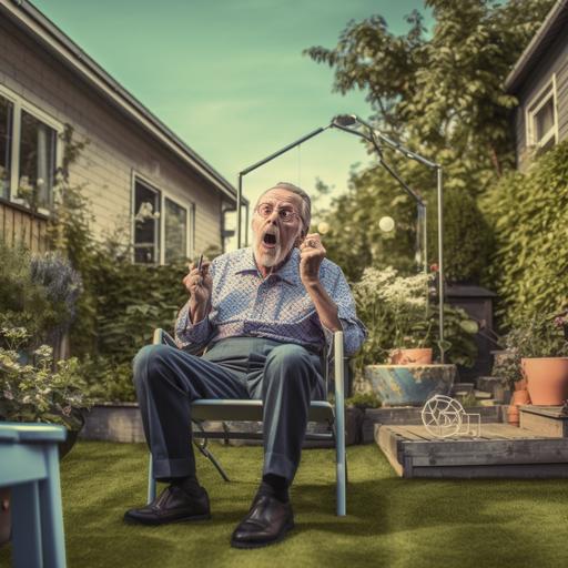 real life photo of an angry old neighbour in his garden sitting in an easy garden chair next to a swimming pool. the neighbour shouts a us. view from the side. next to the neighbour is a small table with his hearing aid on it.